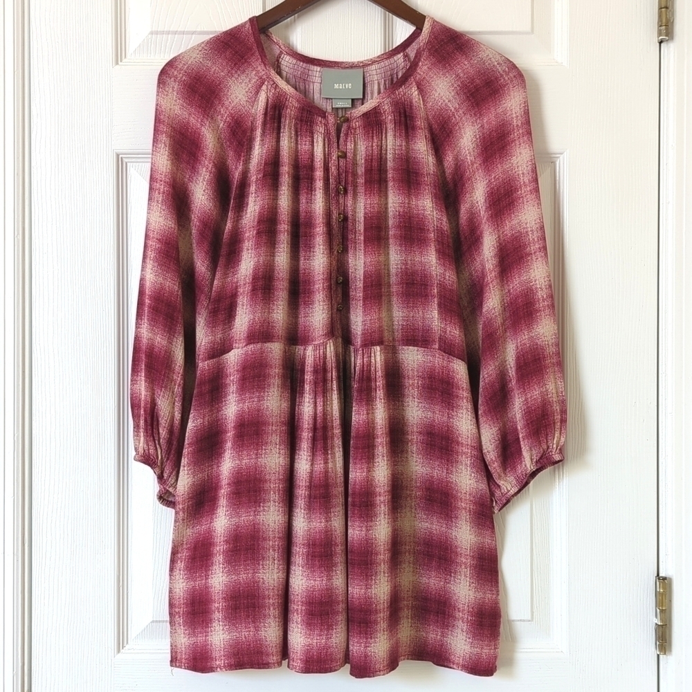 Maeve Calavan Plaid Oversized Three Quarter Sleeve Button Up Peplum Blouse Pink
